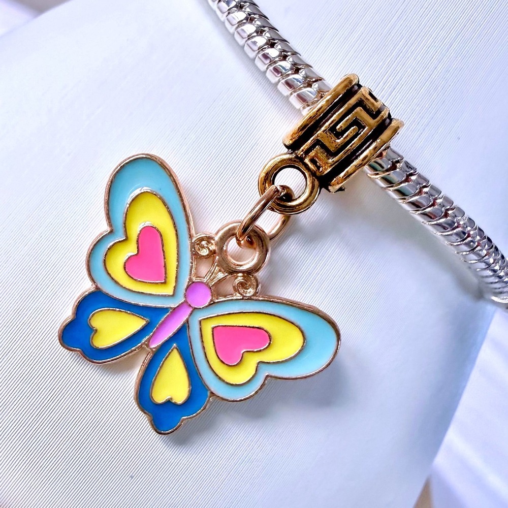 Silver Butterfly Bead‎ Charm Fits Snake Chain Bracelet Pink Blue Yellow Heart
